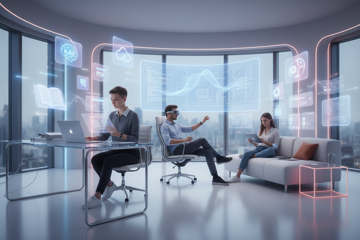 Create a high-end, modern hero image for a digital products online store. The scene should show a clean, futuristic workspace with young people reading, studying, and interacting with digital content on laptops, tablets, and holographic screens. Include floating digital elements such as e-books, software icons, UI kits, templates, and digital files around them. Use vibrant soft lighting, minimalist design, glossy reflections, and subtle neon accents. The style should be ultra-realistic, cinematic, and profe