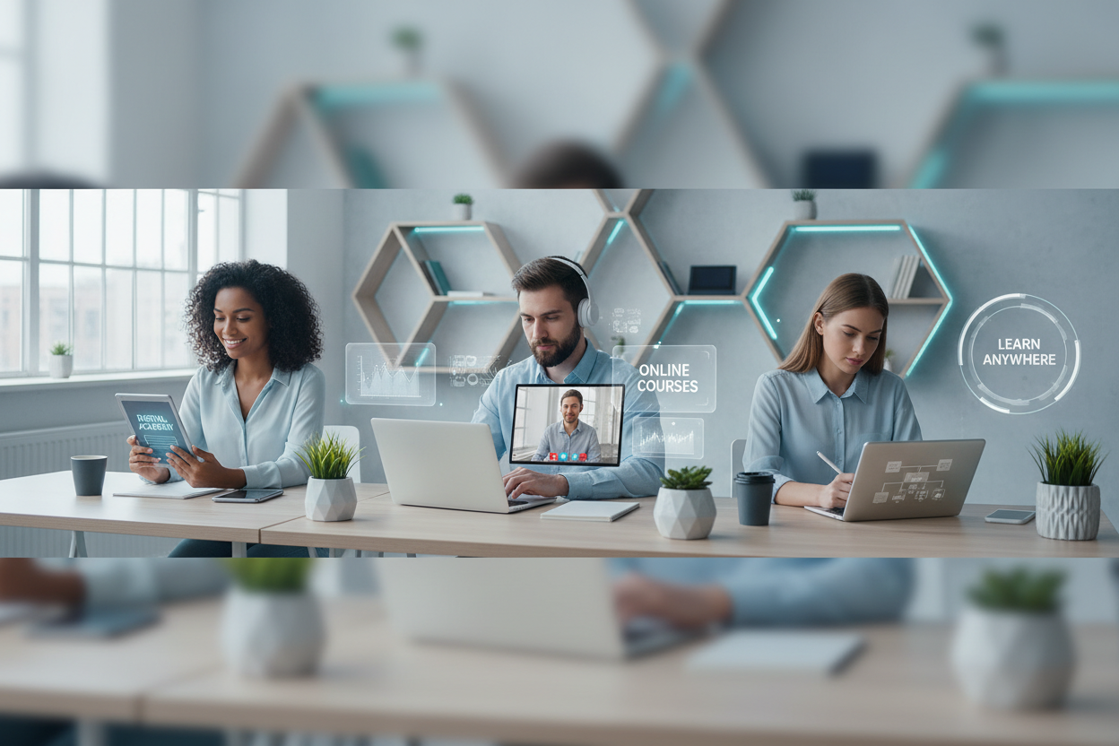 "Ultra-realistic hero banner for a digital products website. People reading e-books, using laptops, learning online. Clean workspace, soft lighting, modern digital elements, minimal premium colors, professional and trustworthy look."